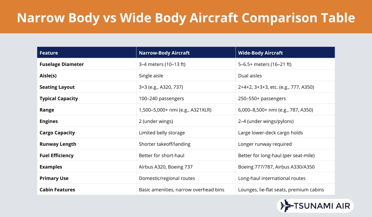 narrowbody vs widebody aircraft comparison